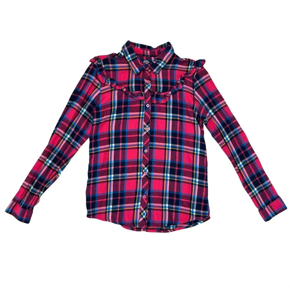 Wonder Nation Girls L 10-12 Ruffle Flannel Button Up Long Sleeve Fuchsia Burst